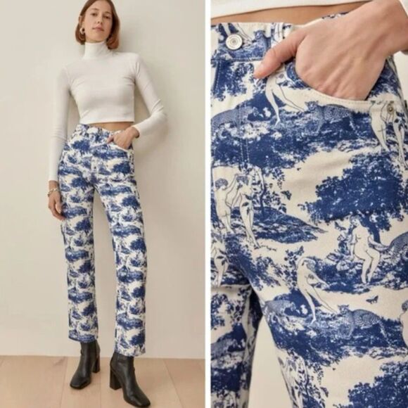 Reformation Denim - NWOT Reformation "Pastoral" High Rise Straight Jeans, Blue Print, Unique! Sz 29